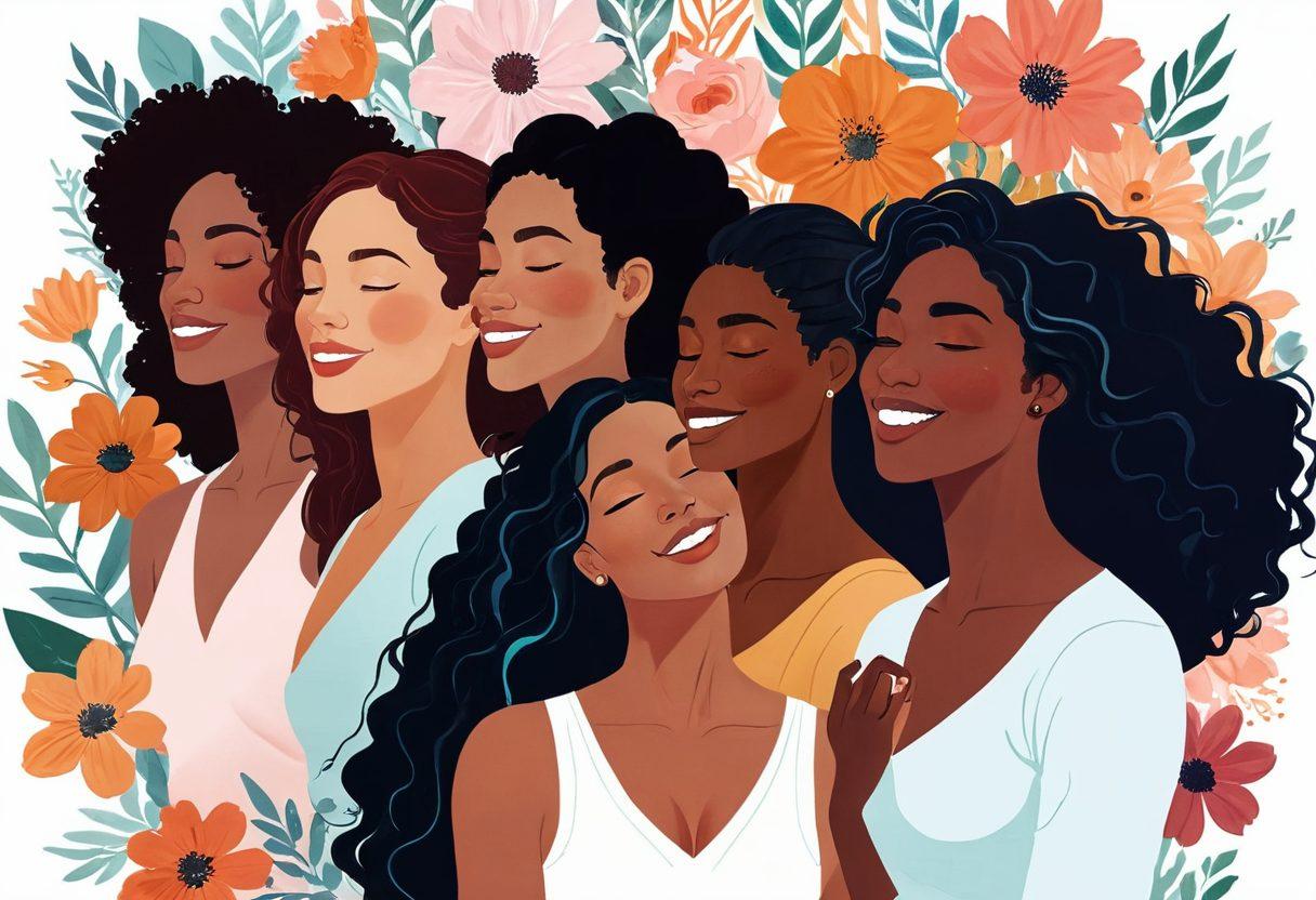 A vibrant and empowering illustration depicting diverse women of various ethnicities, joyfully celebrating their femininity and wellness. Incorporate abstract representations of flowers and anatomical shapes flowing around them, symbolizing connection and self-love. The background should be ethereal with soft pastel hues, creating a soothing yet uplifting atmosphere. super-realistic. vibrant colors. white background.