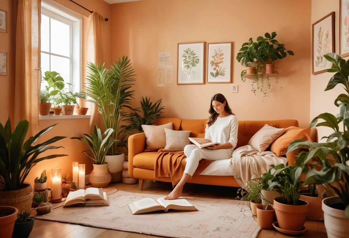 A serene home environment showcasing a cozy reading nook with plants and soft lighting. A woman engaged in self-reflection with a journal, surrounded by symbols of investment and growth such as potted plants, books on wellness, and a vision board. Incorporate warm colors that evoke comfort and tranquility. Illustrate elements of personal development like meditation items or a yoga mat in the background. modern illustration. vibrant colors. cozy atmosphere.