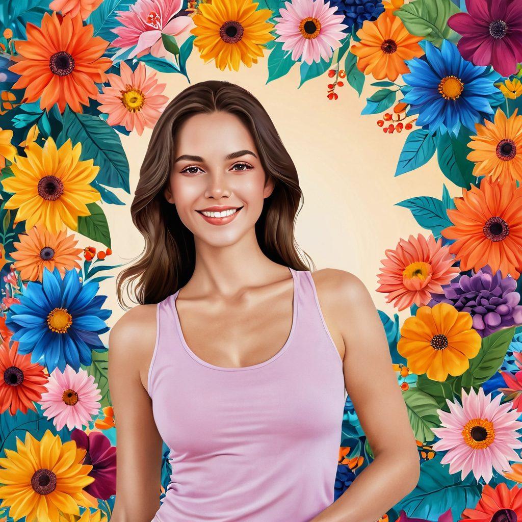 An elegant woman surrounded by vibrant flowers, exuding joy and confidence, with symbols of health like fruits and yoga mats in the background. Soft pastel colors to convey warmth and femininity, capturing the essence of wellness and lifestyle. Intricate details in the floral elements, representing diversity in women's beauty. super-realistic. vibrant colors. soft background.